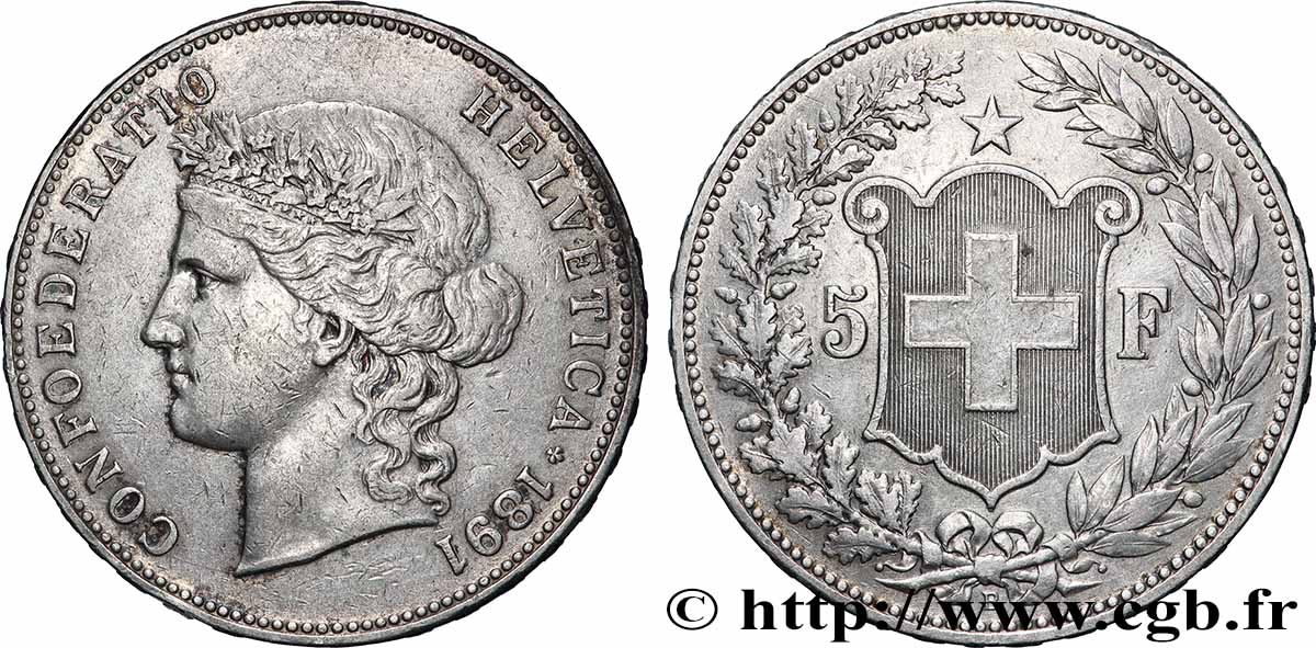 SUISSE 5 Francs Helvetia 1891 Berne TTB 