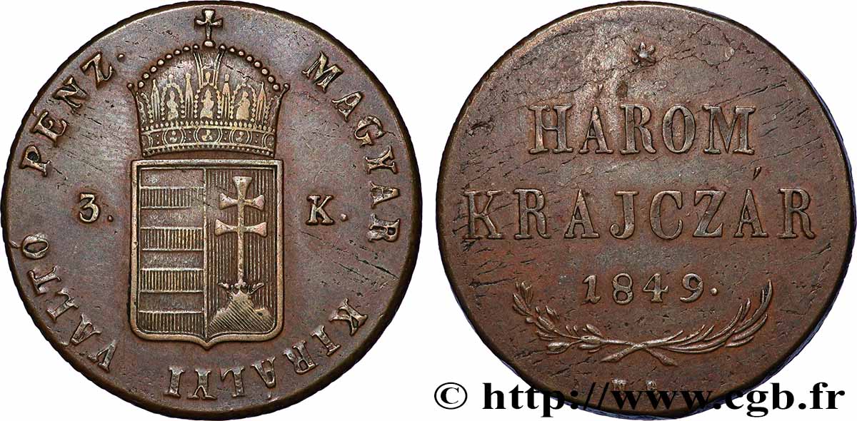 HUNGARY 3 Krajczar monnayage de la guerre d’indépendance 1849 Nagybanya AU 