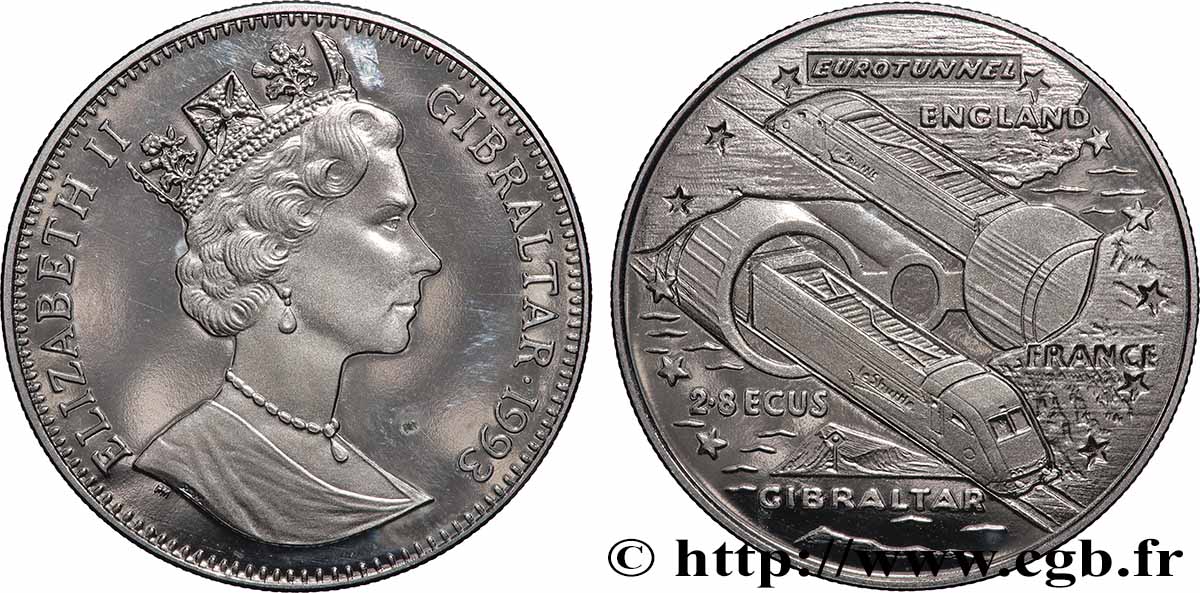 GIBRALTAR 2,8 Ecus Proof Elisabeth II / tunnel sous la Manche 1993 Pobjoy Mint AU 