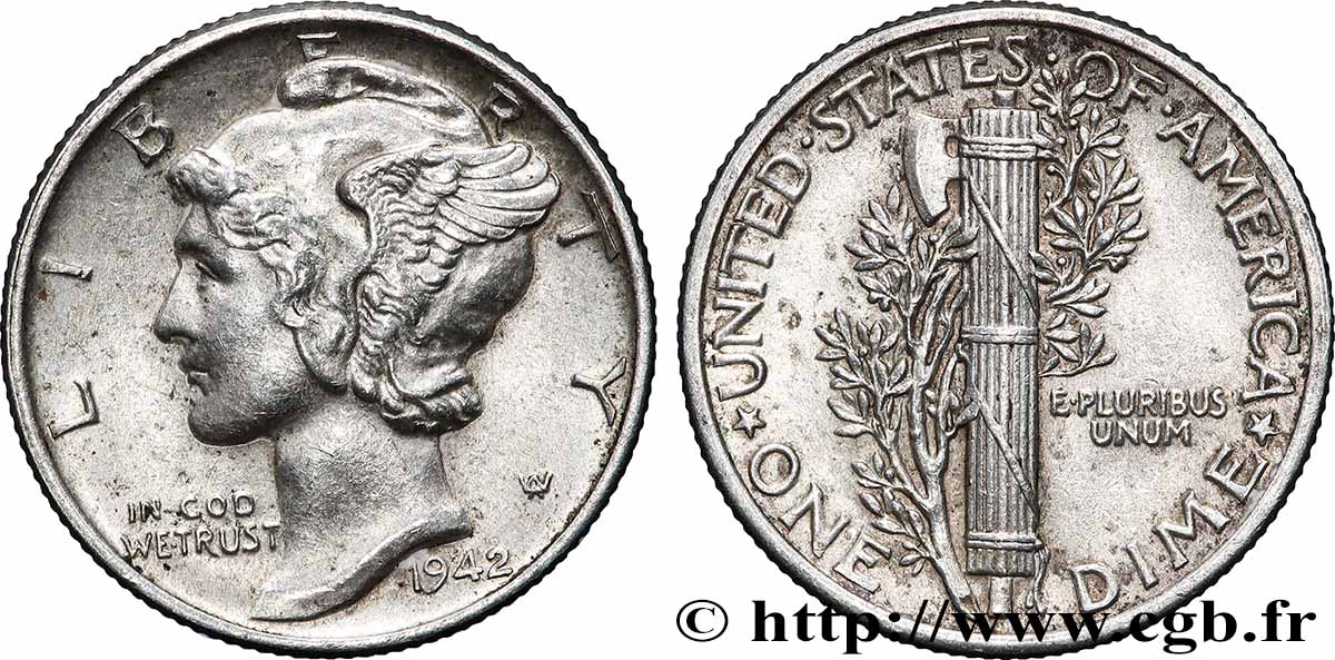 ÉTATS-UNIS D&nbsp;AMÉRIQUE 1 Dime Mercury 1942 Philadelphie TTB 