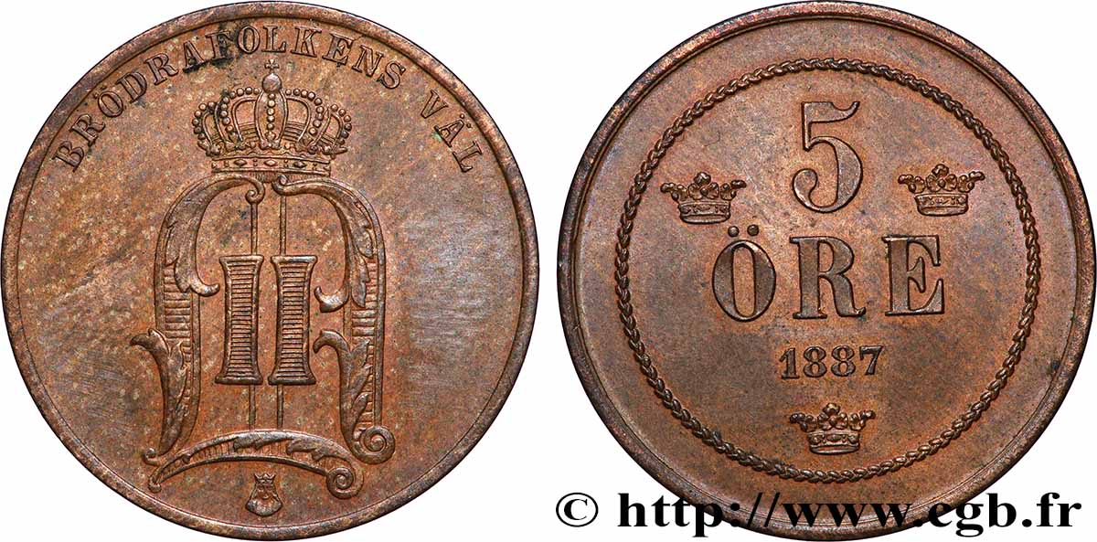 SWEDEN 5 Ore Oscar II 1887  AU 