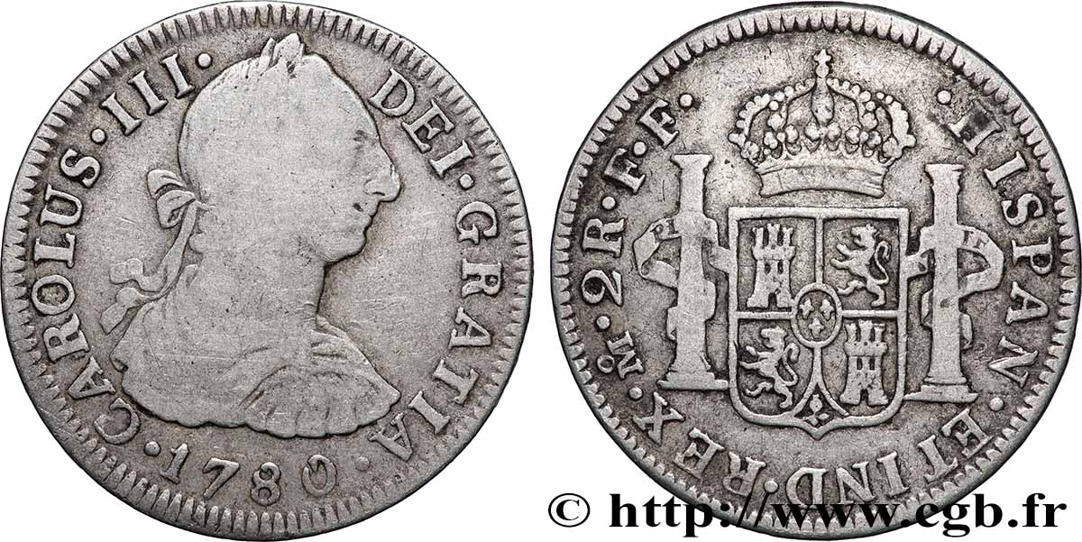 MEXICO 2 Reales Charles III 1780 Mexico VF/VF 