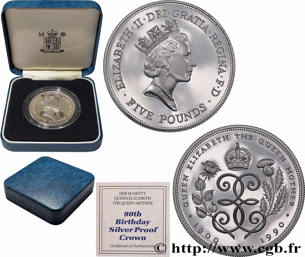 VEREINIGTEN KÖNIGREICH 5 Pounds (Livres) Proof 90e anniversaire de la Reine Mère 1990 Llantrisant ST 
