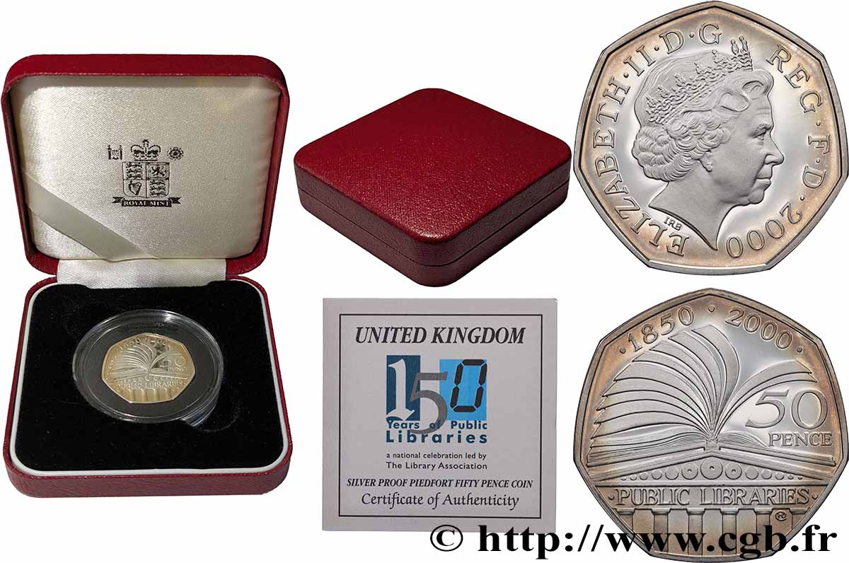VEREINIGTEN KÖNIGREICH Piéfort 50 Pence argent Proof 150e anniversaire de la loi sur les bibliothèques publiques 2000 Llantrisant ST 