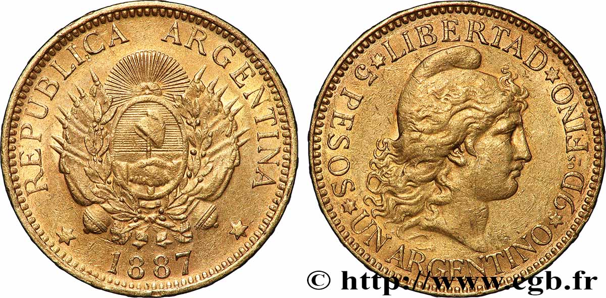 ARGENTINE 1 Argentino (5 Pesos) emblème / Liberté 1887  TTB+ 
