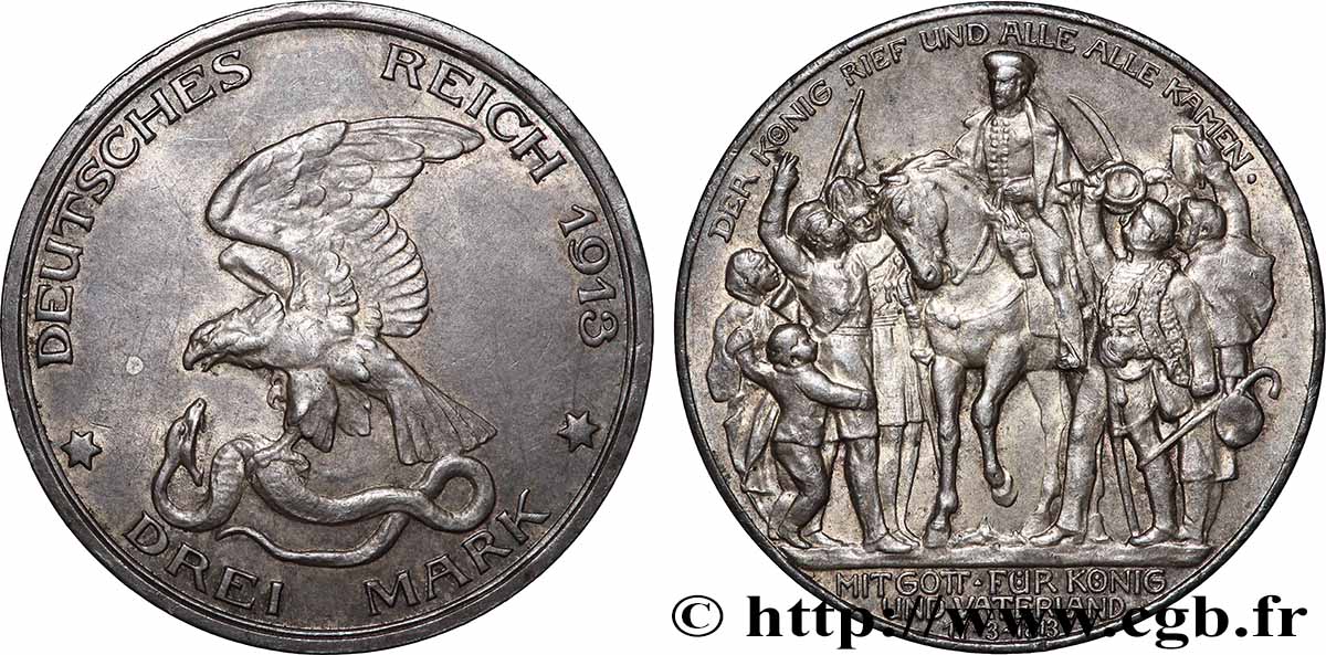 DEUTSCHLAND - PREUßEN 3 Mark 100e anniversaire défaite de Napoléon 1913 Berlin fVZ 