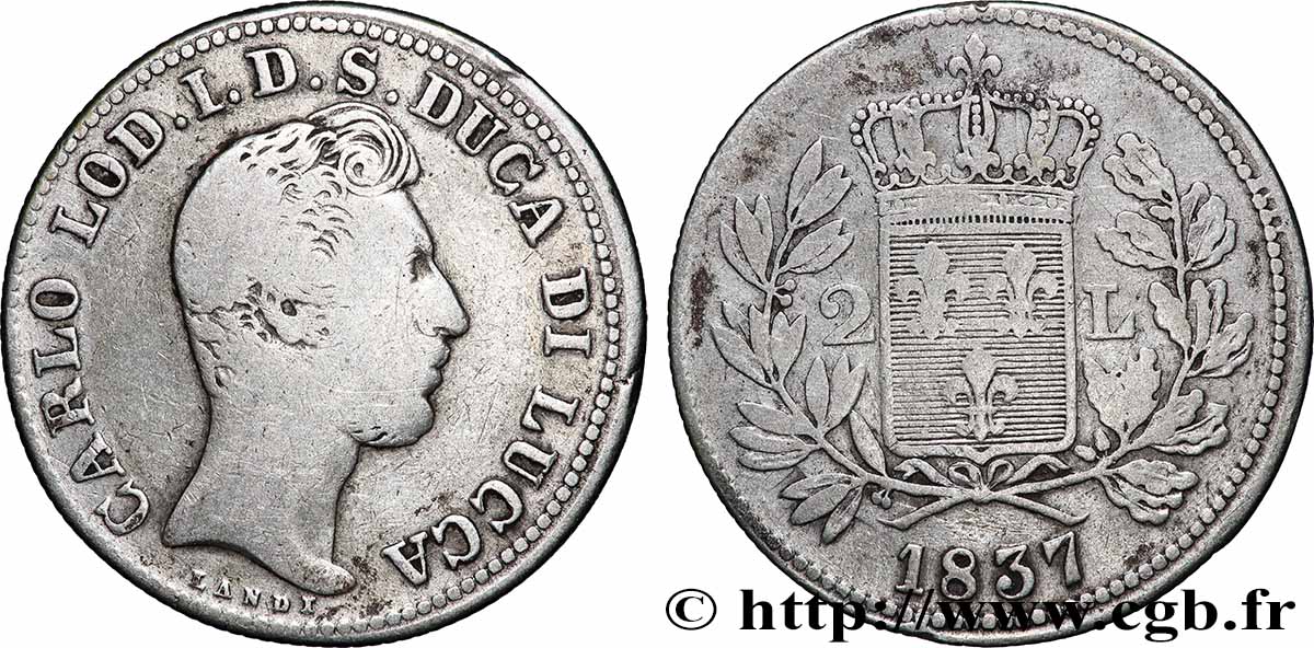 DUCHE DE LUCQUES - CHARLES LOUIS DE BOURBON 2 Lire  1837 Lucques TB 