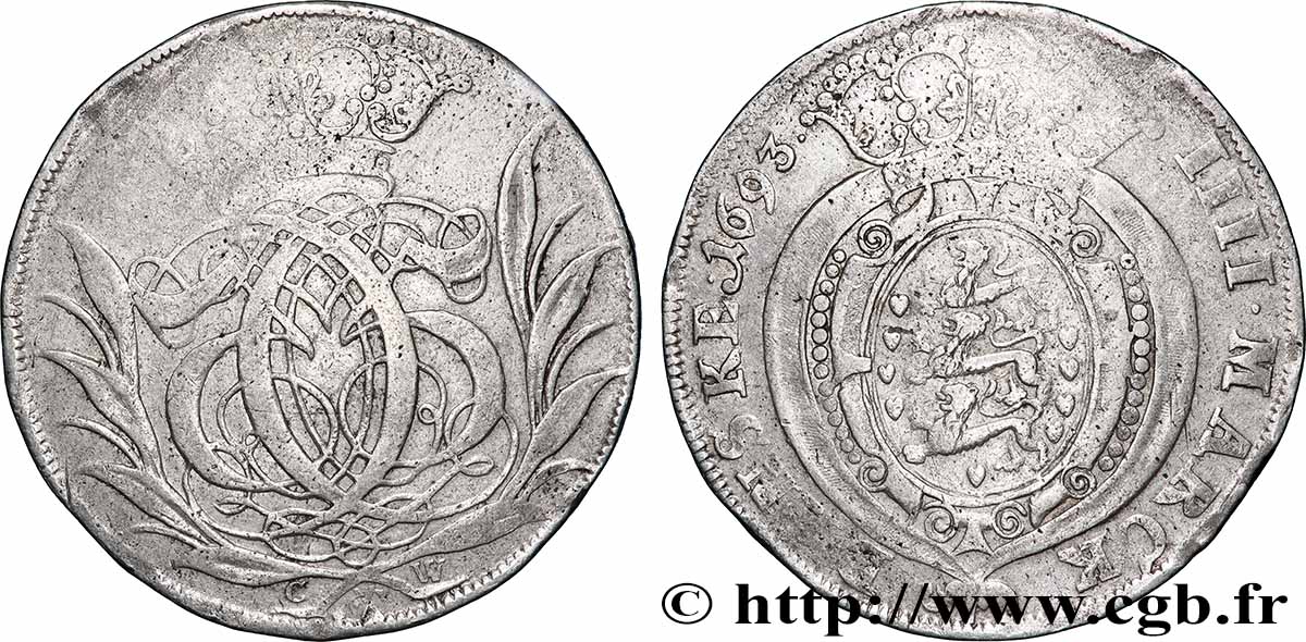 DANEMARK - ROYAUME DU DANEMARK - CHRISTIAN V 4 Mark Dansk 1693  TTB 