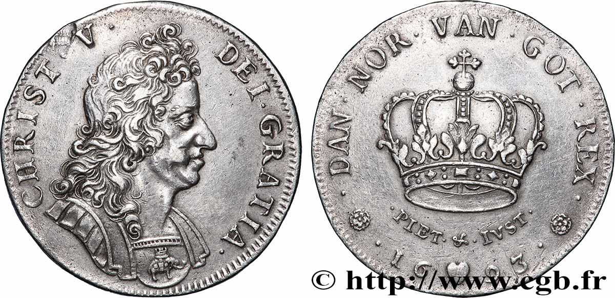 DANEMARK - ROYAUME DU DANEMARK - CHRISTIAN V 1 Krone 1693  TTB+ 
