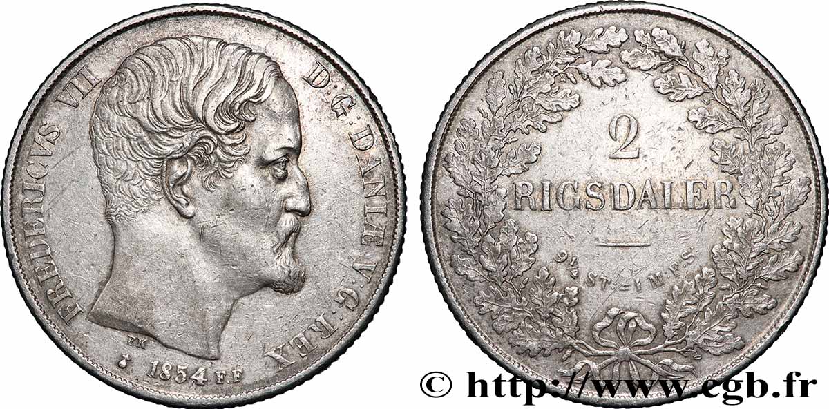 DANEMARK - ROYAUME DE DANEMARK - FRÉDÉRIC VII 2 rigsdaler 1854 Copenhague TTB+ 