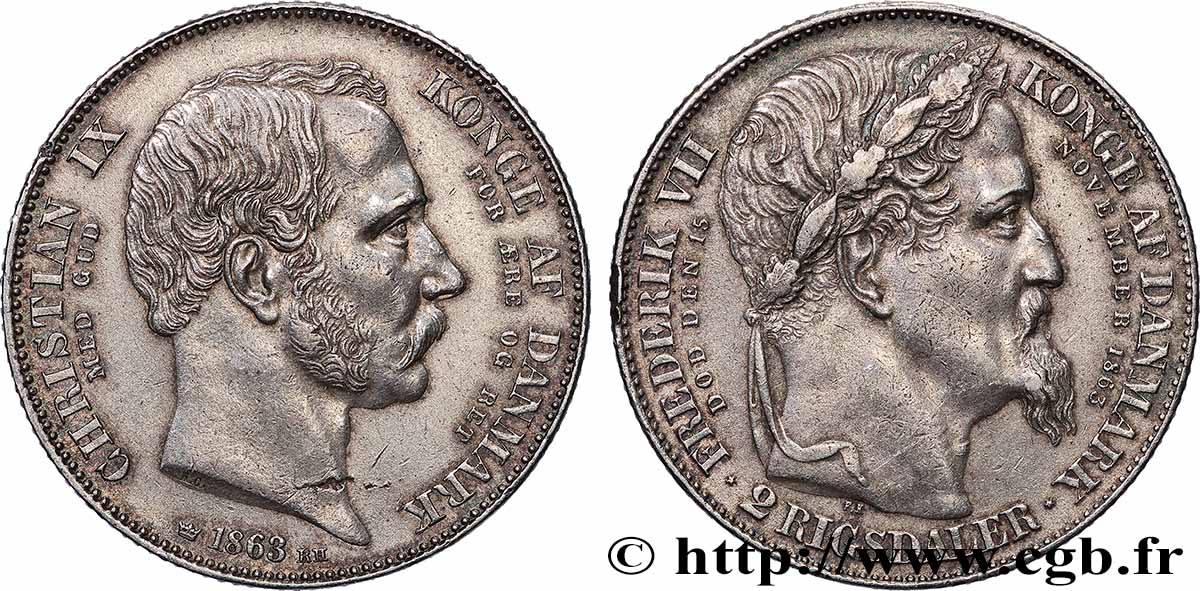 DÄNEMARK - KÖNIGREICH DÄNEMARK - CHRISTIAN IX 2 Rigsdaler 1863 Copenhague fVZ 