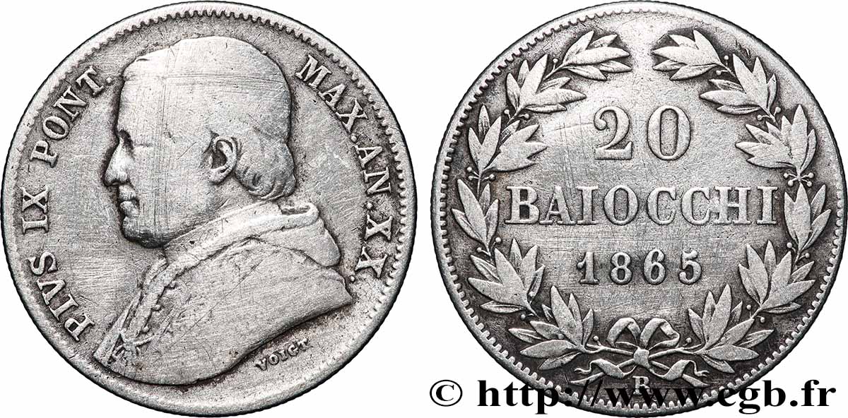 VATICAN ET ÉTATS PONTIFICAUX 20 Baiocchi Pie IX an XX 1865 Rome TB 