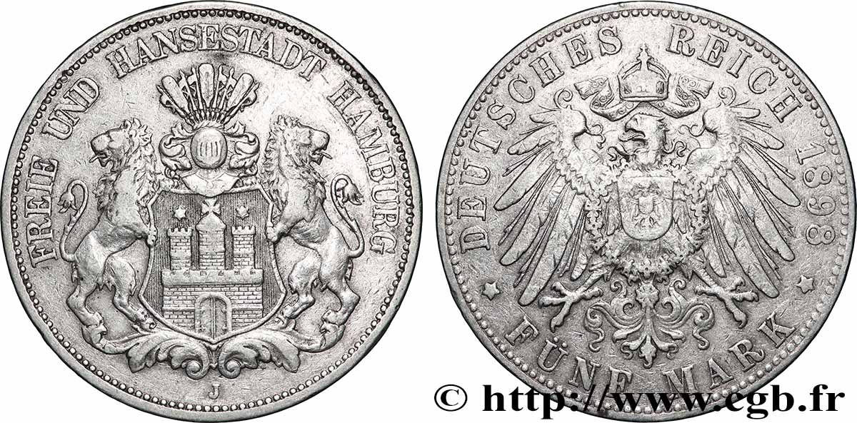GERMANIA - LIBERA CITTA DE AMBURGO 5 Mark blason de Hambourg / aigle 1898 Hambourg - J BB 