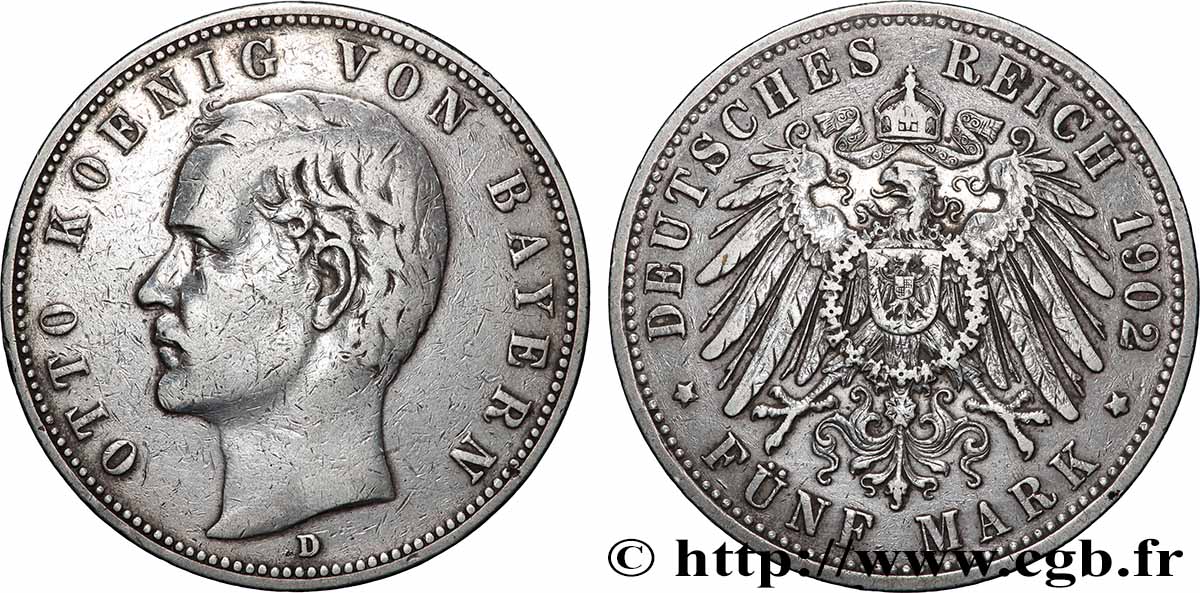 ALLEMAGNE - BAVIÈRE 5 Mark Otton 1902 Munich TTB 