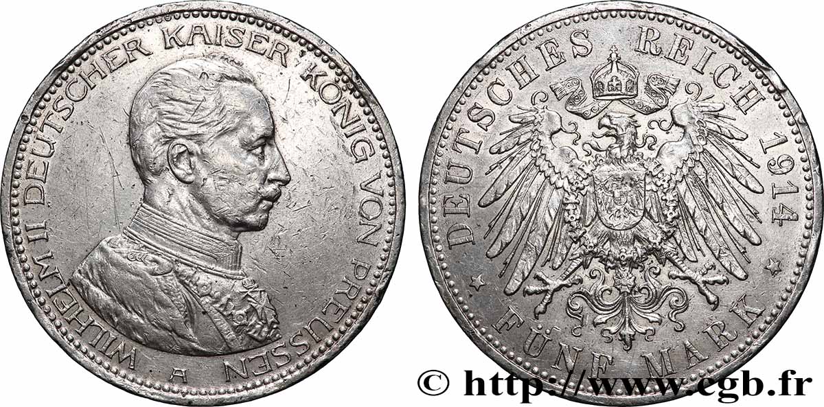 ALLEMAGNE - PRUSSE 5 Mark Guillaume II 1914 Berlin TTB+ 