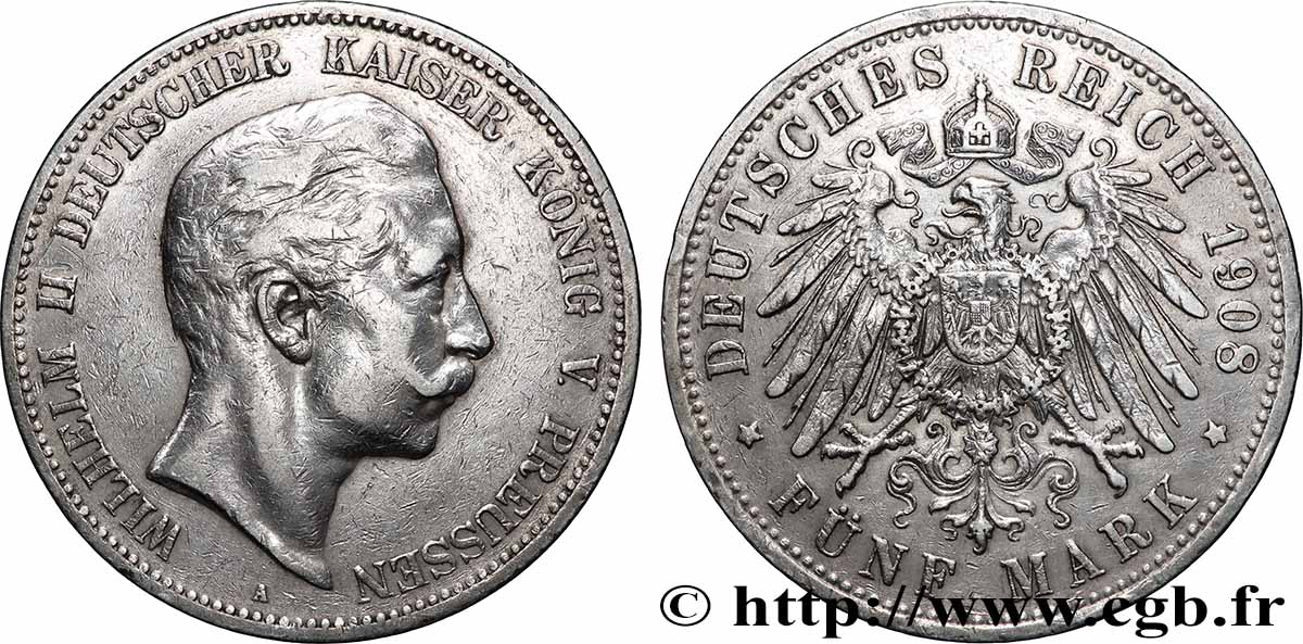 GERMANY - PRUSSIA 5 Mark Guillaume II 1908 Berlin XF 
