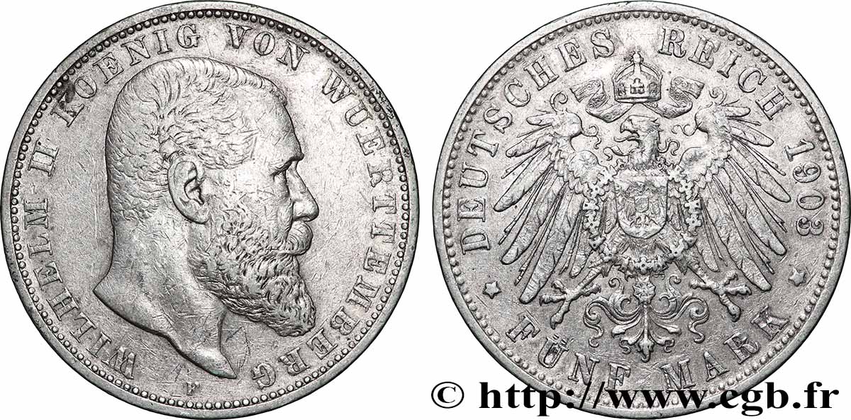 ALLEMAGNE - ROYAUME DE WURTTEMBERG - GUILLAUME II 5 Mark  1903 Stuttgart SS 