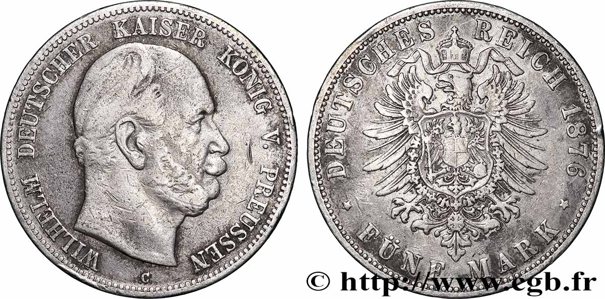 ALLEMAGNE - ROYAUME DE PRUSSE - GUILLAUME Ier 5 Mark  1876 Berlin q.BB 