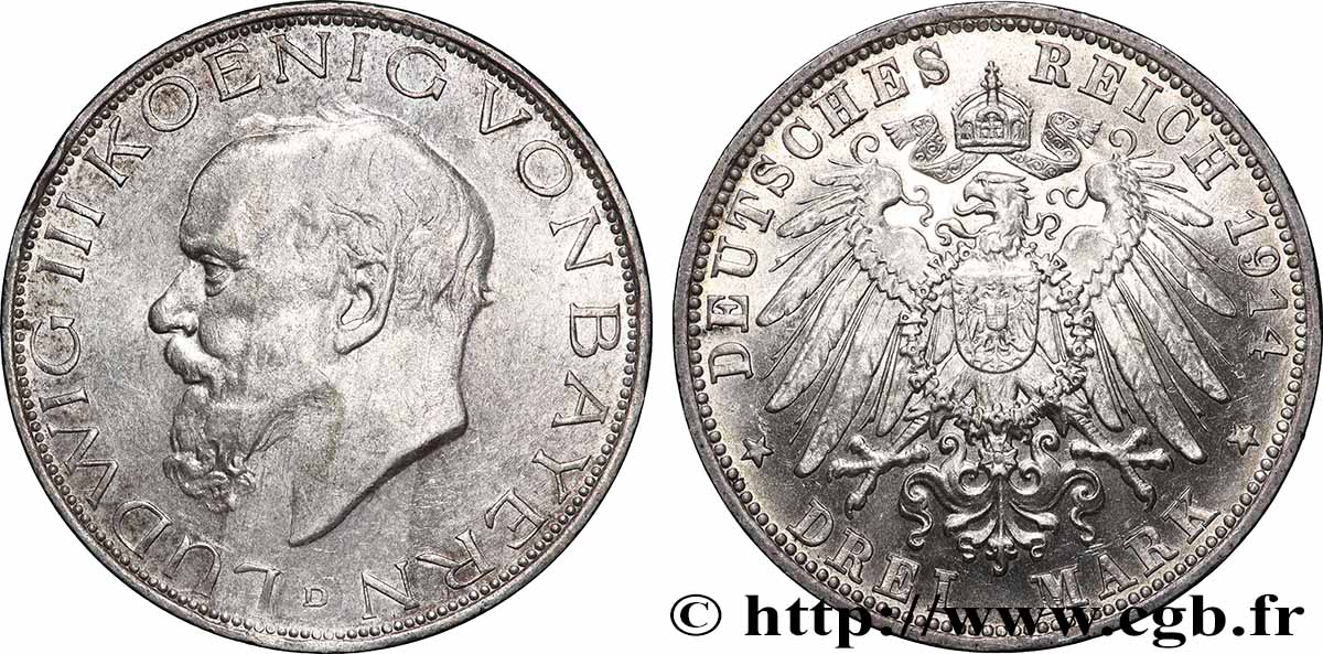 DEUTSCHLAND - BAYERN 3 Mark Louis III 1914 Munich fVZ/VZ 