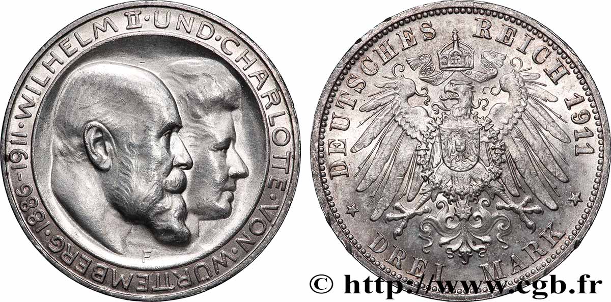 GERMANIA - WÜRTEMBERG 3 Mark Guillaume II et Charlotte 1911 Stuttgart SPL 