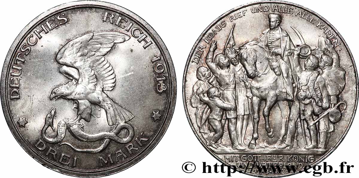 ALLEMAGNE - PRUSSE 3 Mark 100e anniversaire défaite de Napoléon 1913 Berlin SUP 