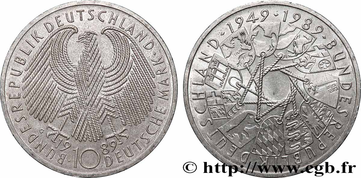 ALLEMAGNE 10 Mark aigle héraldique / 40e anniversaire de la fondation de la République Fédérale Allemande 1989 Karlsruhe SPL 