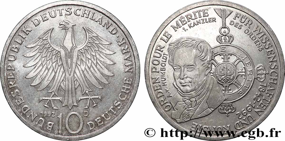 ALLEMAGNE 10 Mark Proof A.V. Humbolt, 1er chancelier de l’Ordre pour le mérite 1992 Munich  SUP 