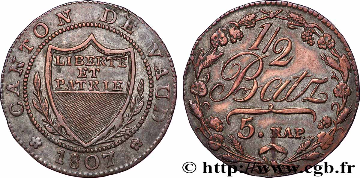 SWITZERLAND - CANTON OF VAUD 1/2 Batzen 1807  XF 