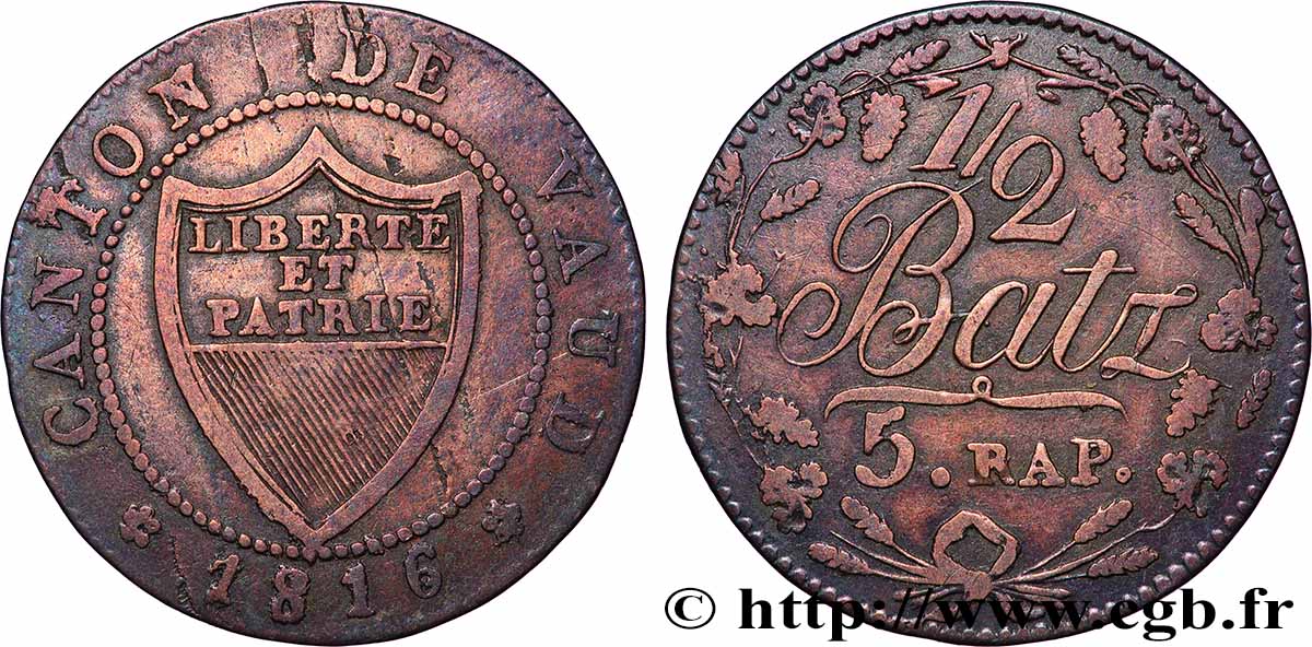 SUISSE - CANTON DE VAUD 1/2 Batzen - 5 Rappen - Canton de Vaud 1816  TB+ 