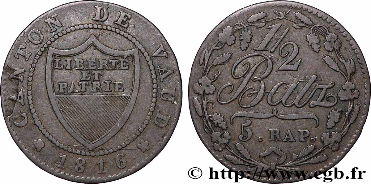 SUISSE - CANTON DE VAUD 1/2 Batzen - 5 Rappen - Canton de Vaud 1816  TTB 