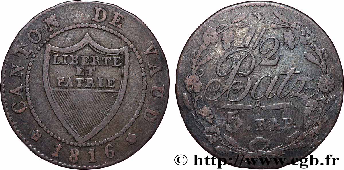 SUISSE - CANTON DE VAUD 1/2 Batzen - 5 Rappen - Canton de Vaud 1816  TTB 