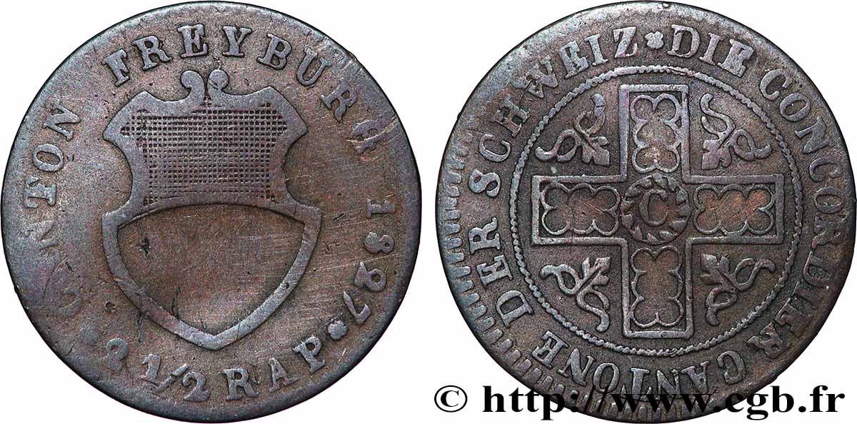 SUISSE - CANTON DE FRIBOURG 2 1/2 Rappen 1827  TB+ 