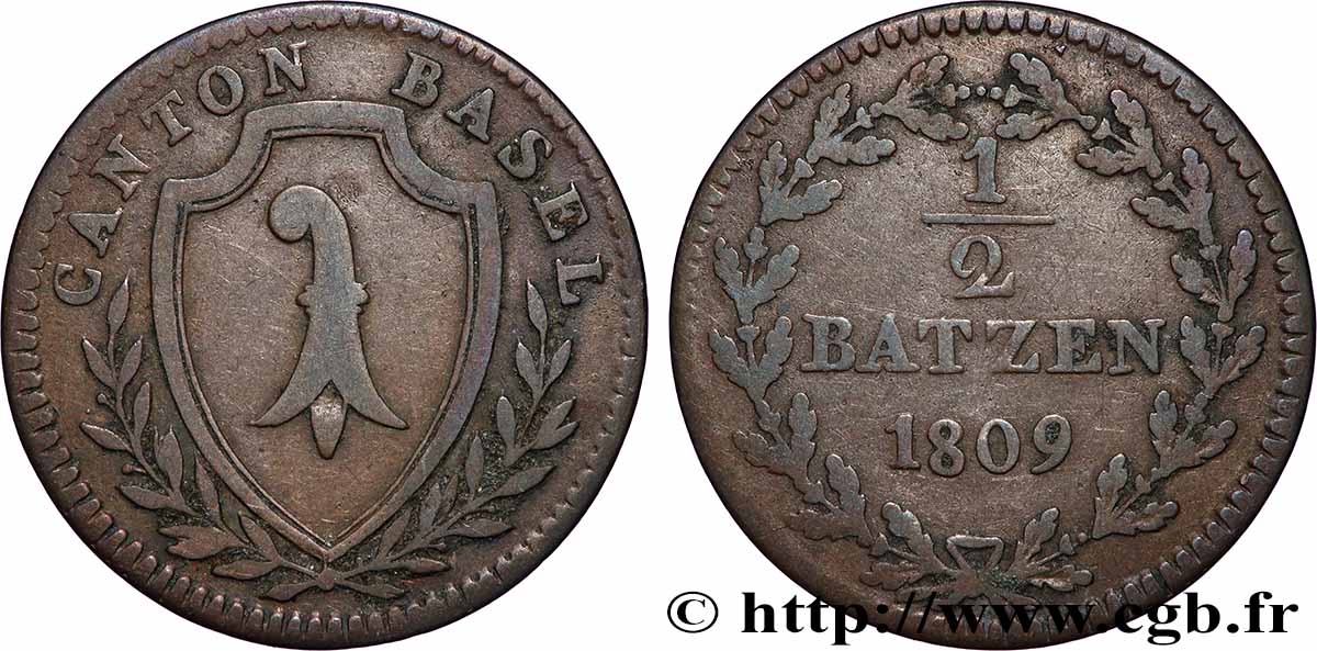 SUISSE - CONFÉDÉRATION HELVÉTIQUE - CANTON DE BÂLE 1/2 Batzen 1809  TB+ 