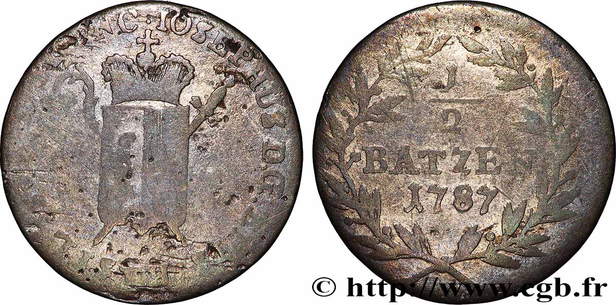 SWITZERLAND -  BISHOPRIC OF BASEL 1/2 Batzen Joseph Sigisond von Roggenbach 1787  F 