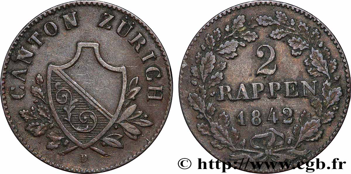 SUISSE - CANTON DE ZÜRICH 2 Rappen 1842  TTB 
