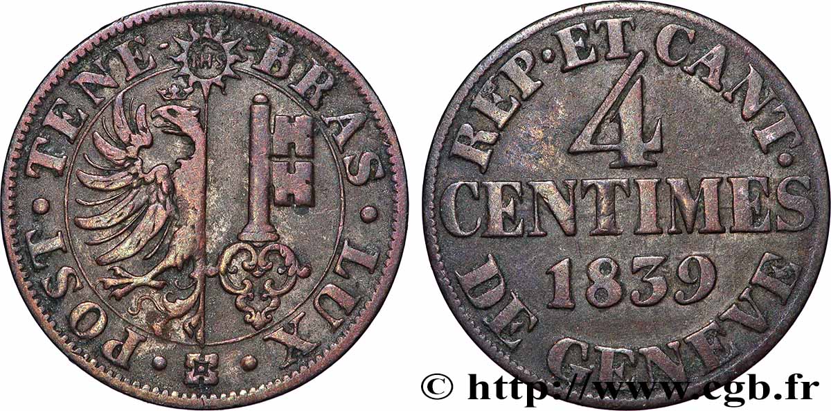 SUISSE - RÉPUBLIQUE DE GENÈVE 4 Centimes - Canton de Genève 1839  TTB 