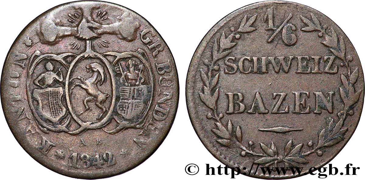 SUISSE - CONFÉDÉRATION HELVÉTIQUE - CANTON DES GRISONS 1/6 Batzen 1842  TTB 