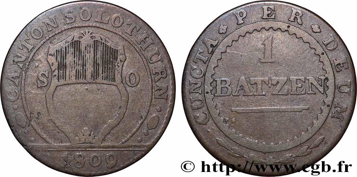SUISSE - CONFÉDÉRATION HELVÉTIQUE - CANTON DE SOLEURE 1 Batzen - Canton de Solothurn 1809  TTB 