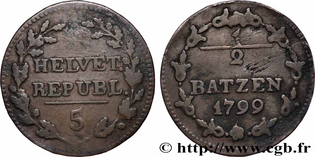 SUISSE - RÉPUBLIQUE HELVÉTIQUE 1/2 Batzen 1799 Berne TTB 