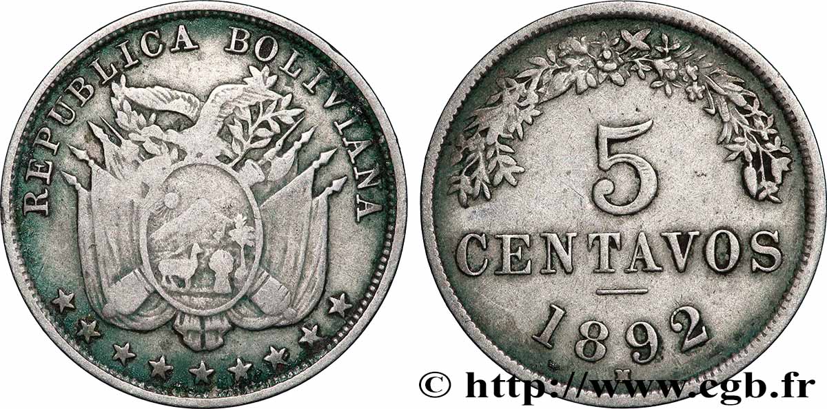 BOLIVIEN 5 Centavos  1892 Potosi SS 