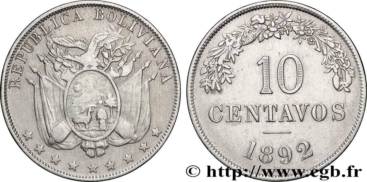 BOLIVIE 10 Centavos 1892 Heaton TTB 