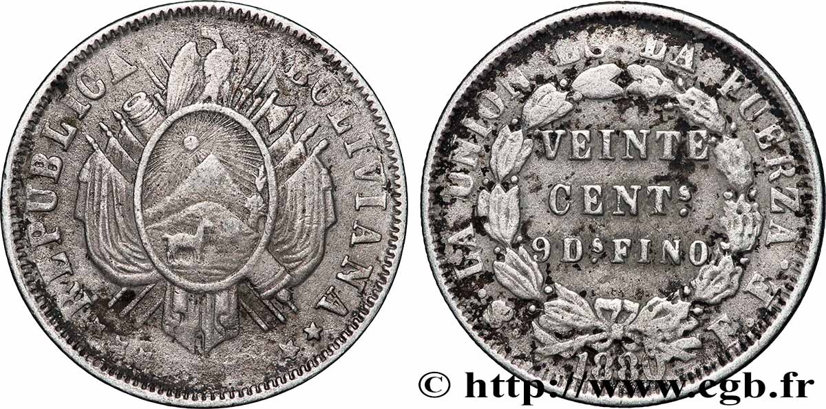 BOLIVIE 20 Centavos 1880 Potosi TTB 
