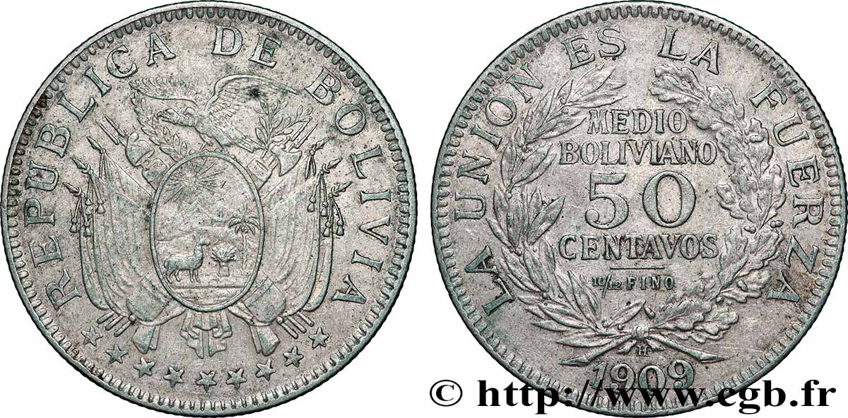 BOLIVIE 50 Centavos (1/2 Boliviano) 1909 Potosi TTB 