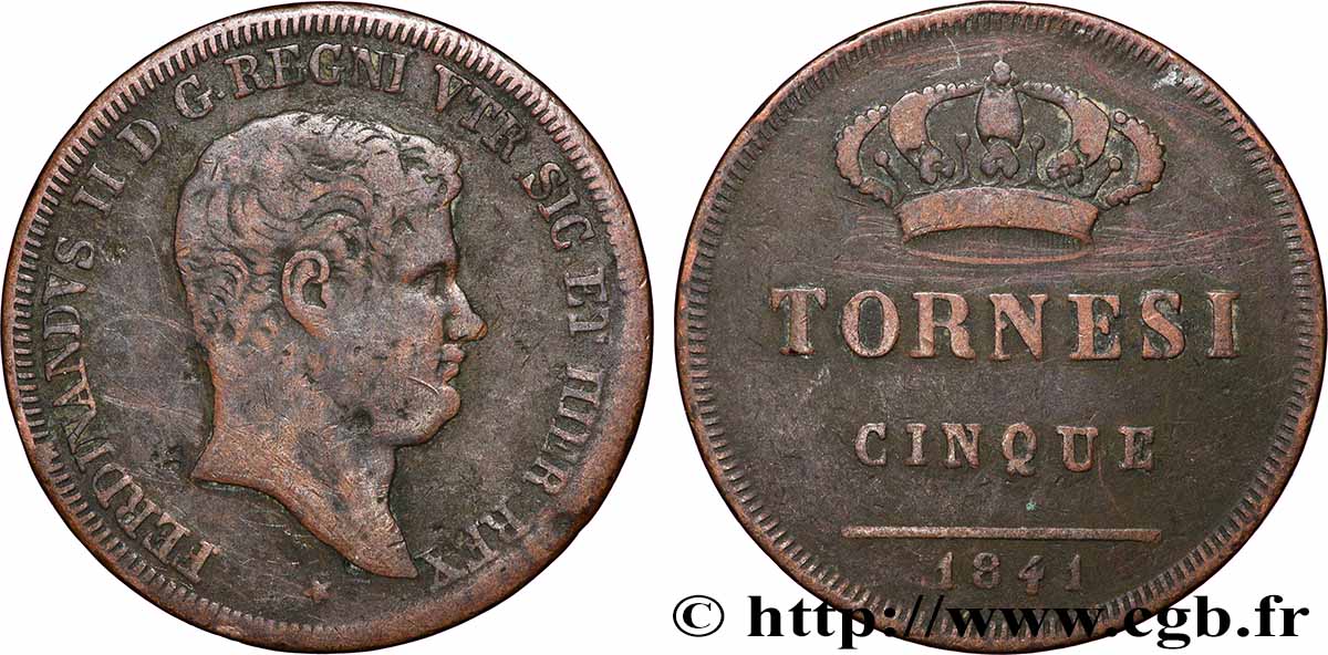 ITALY - KINGDOM OF THE TWO SICILIES - FERDINAND II 5 Tornesi  1841 Naples VF 