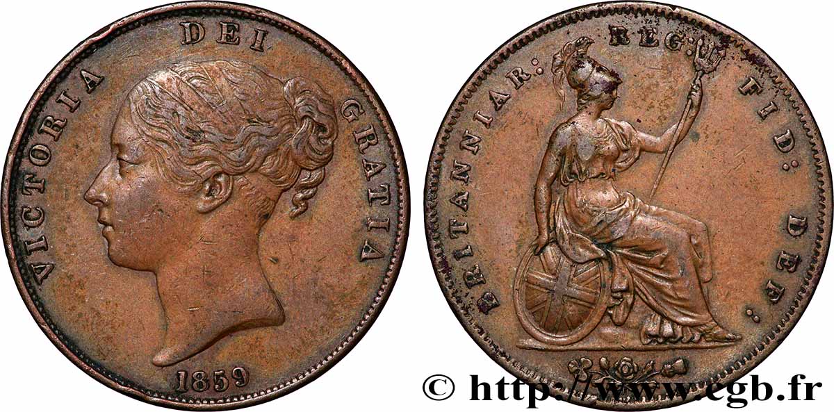 ROYAUME-UNI 1 Penny Victoria “tête jeune” 1859  TTB 