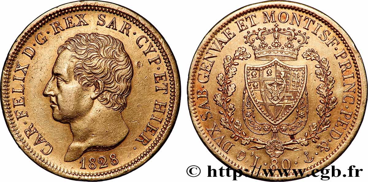 ITALIEN - KÖNIGREICH SARDINIEN -  KARL FELIX 80 Lire  1828 Gênes VZ 