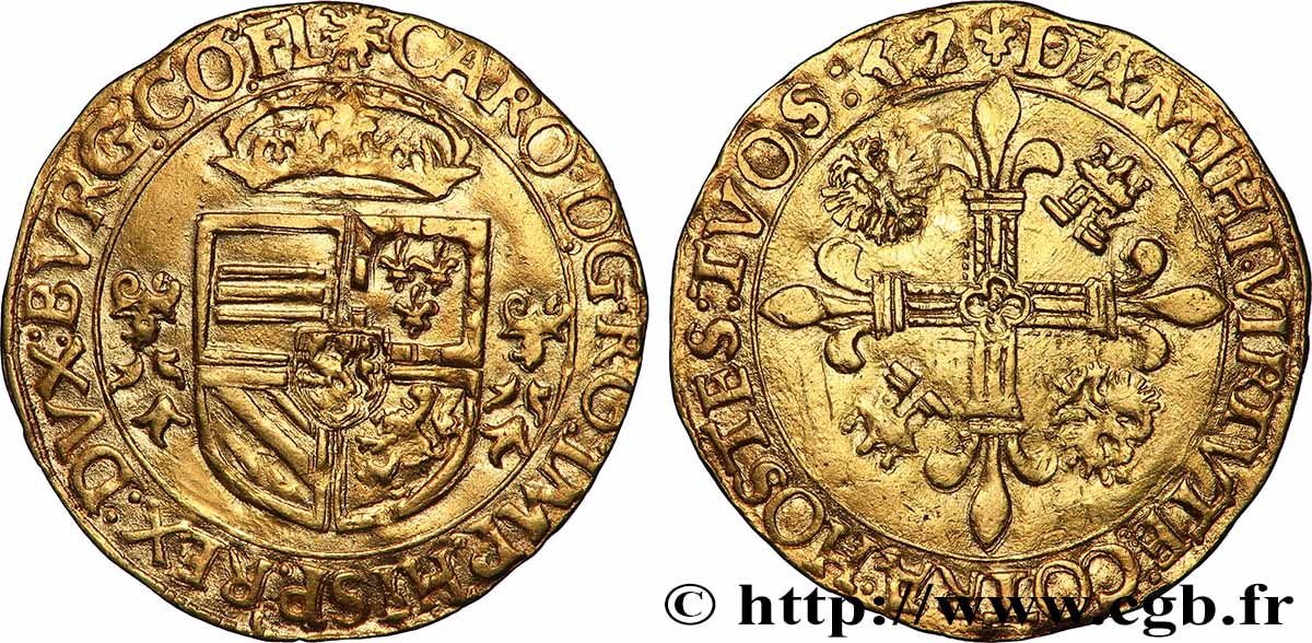 SPANISH LOW COUNTRIES - COUNTY OF FLANDRE - CHARLES V Couronne d’or au soleil 1542 Bruges SS 