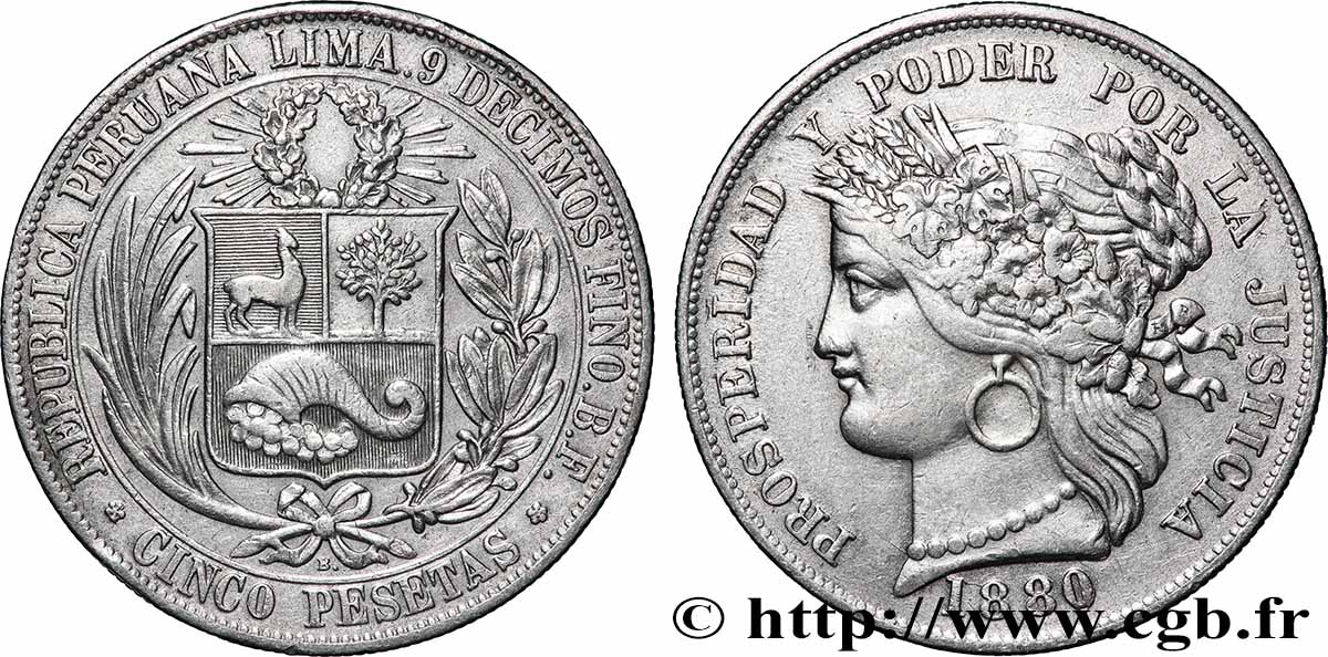 PÉROU 5 Pesetas 1880 Lima TTB 