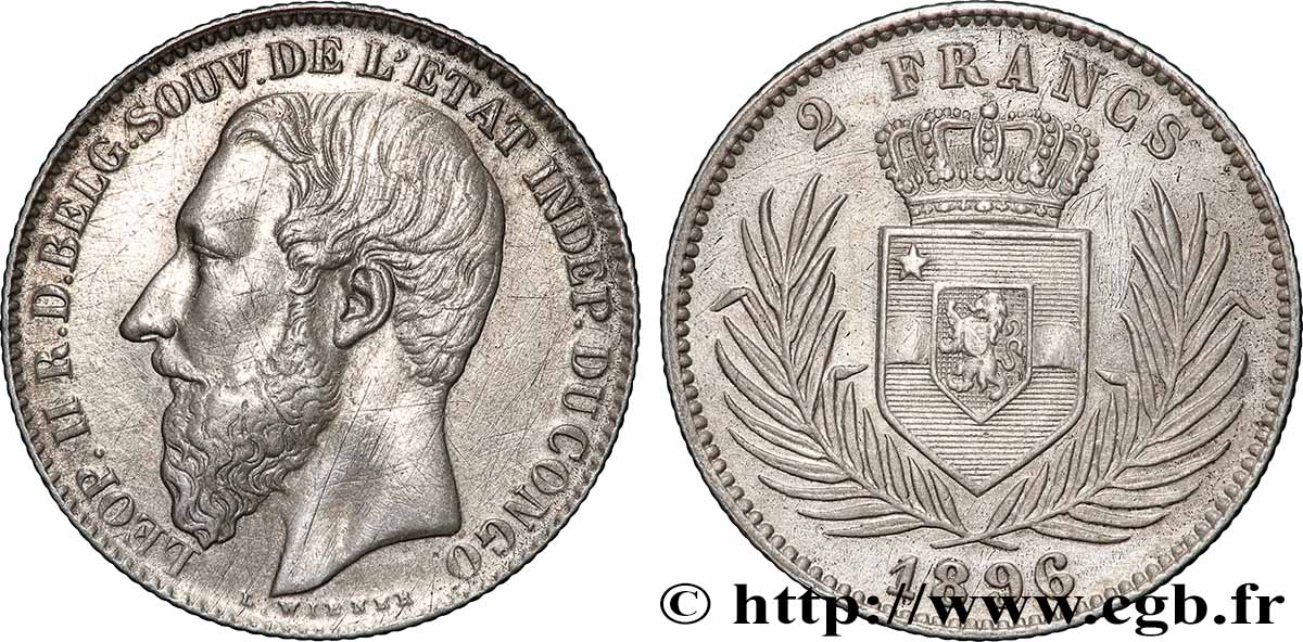 CONGO - ÉTAT INDÉPENDANT DU CONGO - LÉOPOLD II 2 Francs 1896 Bruxelles TTB+ 