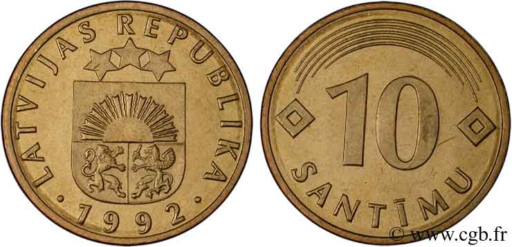 LETTONIE 10 Santimi emblème 1992  SPL 
